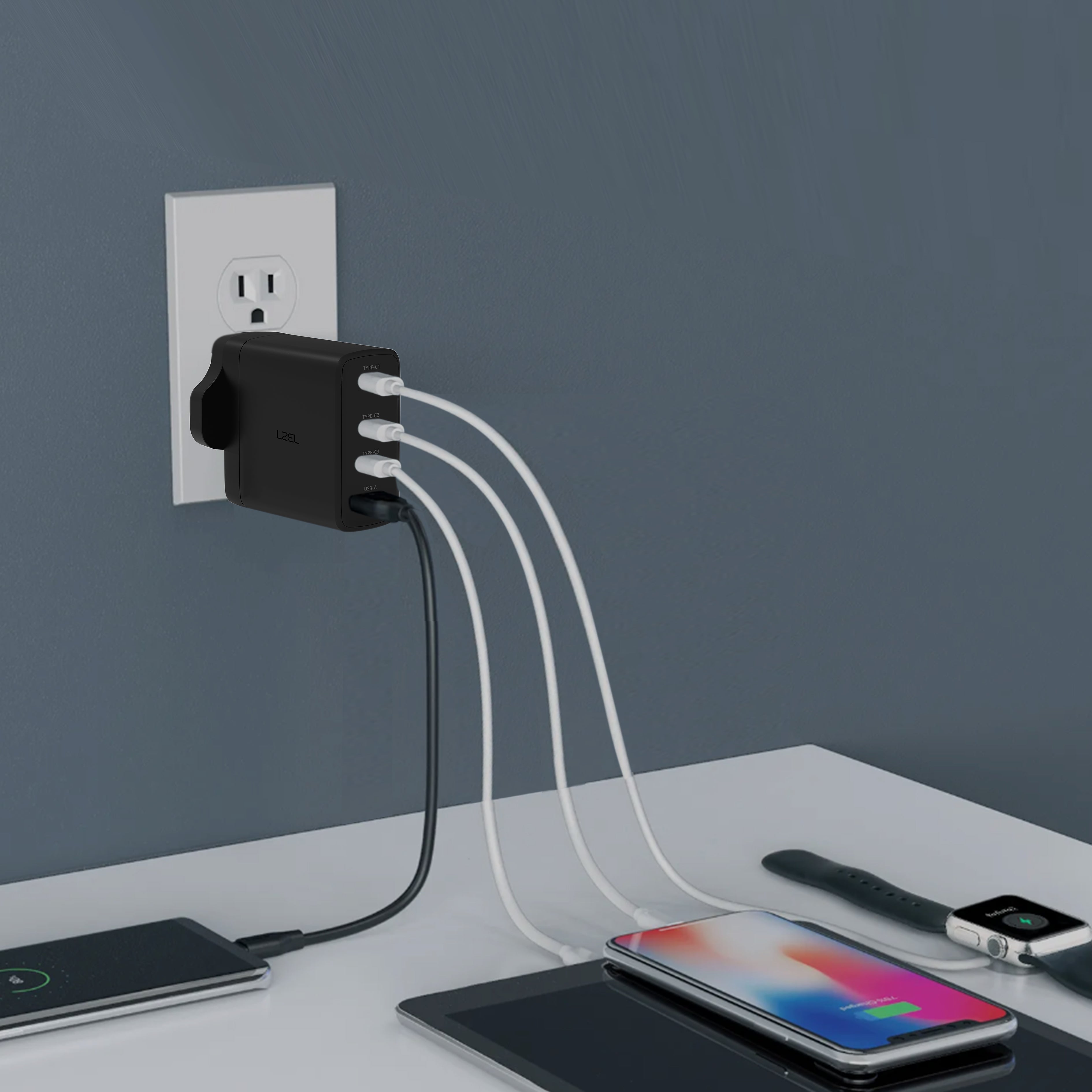 شاحن حائط فائق السرعة من ليزل بقوة 100 واط بأربع منافذ USB بتقنية GaN | أسود شاحن حائط فائق السرعة من ليزل بقوة 100 واط بأربع منافذ USB بتقنية GaN | أسود